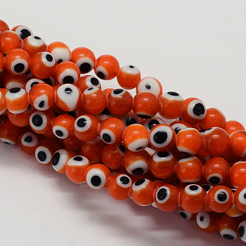 Handmade Evil Eye Lampwork Round Bead Strands, Orange, 6mm, Hole: 1mm, about 65pcs/strand, 14.17 inch