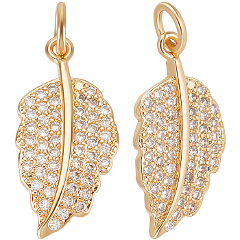 8Pcs Brass Pendants, with Clear Cubic Zirconia and Jump Rings, Leaf Charm, Golden, 19x10x2mm, Hole: 3mm