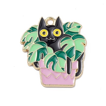 Alloy Enamel Pendants, Light Gold, Cat with Potted Plant Charm, Pale Green, 26x23x1.3mm, Hole: 2mm