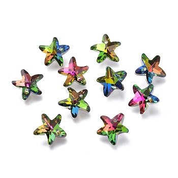 Faceted Glass Charms, Starfish, Back Plated, Colorful, 14x15x7mm, Hole: 1.4mm