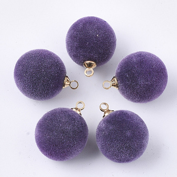 Flocky Acrylic Pendants, with Brass Findings, Round, Golden, Dark Violet, 18x14mm, Hole: 1.6mm