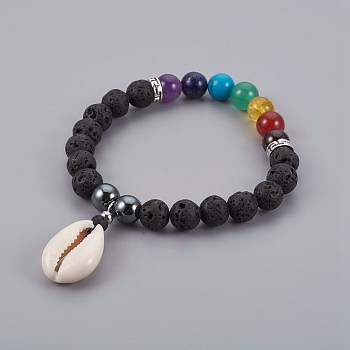Cowrie Shell Charm Stretch Bracelets, with Mixed Stone Beads and Tibetan Style Alloy Spacers Beads, 2-1/4 inch(5.6cm)