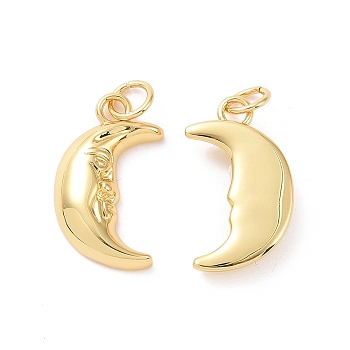 Moon Brass Pendants, with Jump Rings, Cadmium Free & Nickel Free & Lead Free, Real 18K Gold Plated, 18x10x3mm, Hole: 3.4mm
