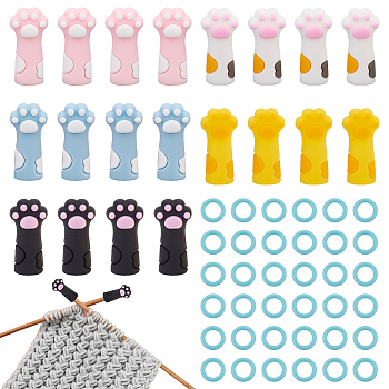 Cat's Paw Cartoon Style Silicone Knitting Needle Point Protectors, Knitting Needle Stoppers with Plastic Knitting Stitch Marker Rings, Mixed Color, Rings: 11.5x1mm,  Inner Diameter: 7.5mm, 50pcs, Stopper: 34x17x12mm, Hole: 7.5mm, 20pcs