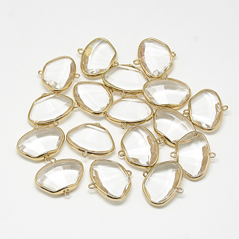 Glass Links connectors, with Golden Tone Brass Findings, Faceted, Trapezoid, Clear, 22x24.5x7mm, Hole: 1mm
