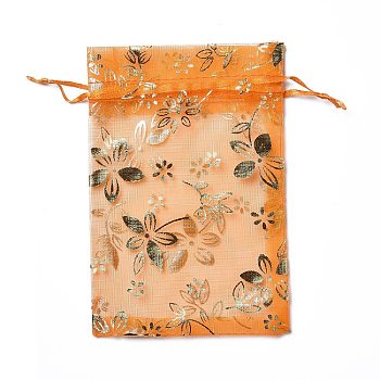 Organza Drawstring Jewelry Pouches, Wedding Party Gift Bags, Rectangle with Gold Stamping Flower Pattern, Orange, 15x10x0.11cm