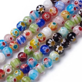 5 Strand Handmade Millefiori Glass Round Bead Strands, Mixed Color, 6mm, Hole: 1mm, about 65~66pcs/strand, 14.5 inch