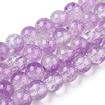 Transparent Crackle Baking Painted Glass Beads Strands, Imitation Opalite, Round, Lilac, 8.5x7.5mm, Hole: 1.5mm, about 107~109pcs/strand, 30.71 inch~31.30 inch(78~79.5cm)
