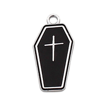 Alloy Enamel Pendants, Platinum, Coffin with Cross Charm, 25x13mm