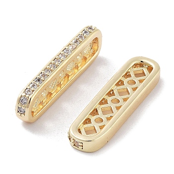 Brass Micro Pave Clear Cubic Zirconia Multi-Strands Links, Spacer Bars, Oval, 3-Hole, Real 18K Gold Plated, 6x23x2.5mm, Hole: 1.2mm