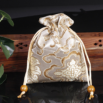 Chinese Style Flower Pattern Satin Jewelry Packing Pouches, Drawstring Gift Bags, Rectangle, PapayaWhip, 14x11cm