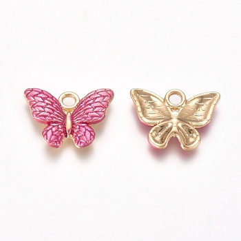 Golden Plated Alloy Enamel Pendants, Butterfly, Hot Pink, 12.8x17.8x2.5mm, Hole: 2mm