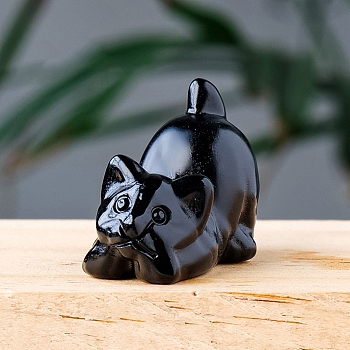 Natural Obsidian Carved Healing Cat Figurines, Reiki Energy Stone Display Decorations, 30x25mm