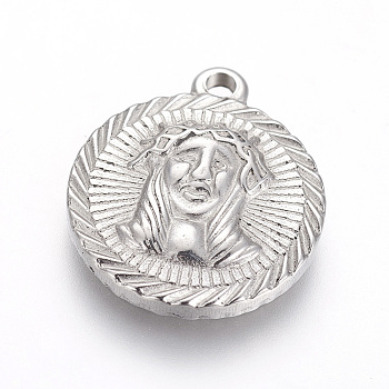 304 Stainless Steel Pendants, Flat Round with Jesus, For Easter, Stainless Steel Color, 21.4~21.5x18~18.3x3.2~3.3mm, Hole: 1.8mm
