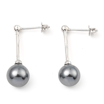 Shell Pearl Round Dangle Earrings, Real Platinum Plated Rhodium Plated 925 Sterling Silver Stud Earrings, Gray, 24x8mm