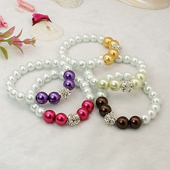 Fashion Glass Pearl Bracelets, Stretchy Bracelets, with Brass Rhinestone Beads, Mixed Color, 55mm