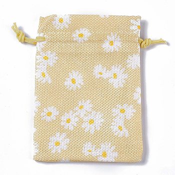 Burlap Packing Pouches Drawstring Bags, Rectangle, Pale Goldenrod, Flower, 13.5~14x10x0.35cm