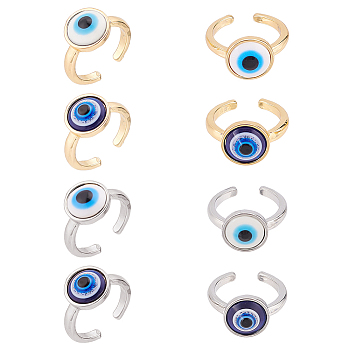 8Pcs 4 Colors Resin Evil Eye Open Cuff Rings Set, Zinc Alloy Lucky Jewelry for Women, Mixed Color, US Size 6 1/2(16.9mm), 2Pcs/color