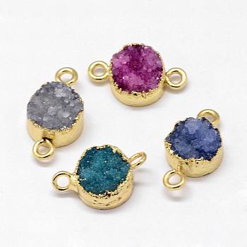 Electroplated Natural & Dyed Druzy Agate Links connectors, with Golden Plated Brass Findings, Flat Round, Mixed Color, 16~18x10~10.5x6~7mm, Hole: 2mm