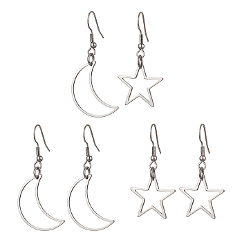 3 Pairs 3 Style Alloy Dangle Earrings Set, Asymmetrical Earrings, Hollow Star & Moon, Antique Silver, 49x18mm, 1 Pair/style