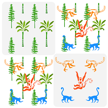 Plastic Drawing Painting Stencils Templates, Monkey & Palm tree & Pine tree Pattern, 30x30cm, 2pcs/set.