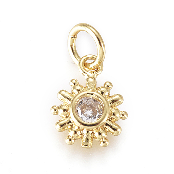 Brass Micro Pave Cubic Zirconia Charms, with Jump Rings, Sun, Clear, Golden, 10x7.5x2.8mm, Jump Rings: 2.5mm