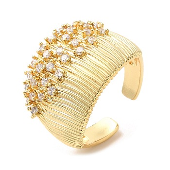 Brass Micro Pave Cubic Zirconia Open Cuff Rings, Wide Band Rings, Real 18K Gold Plated, US Size 7 1/4(17.5mm)