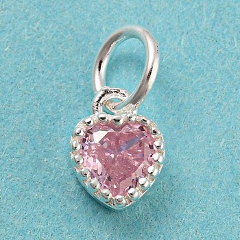 925 Sterling Silver Charms, with Cubic Zirconia, Faceted Heart, Silver, Pink, 7x5x3mm, Hole: 3mm