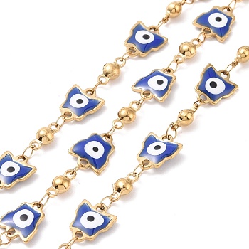 Ion Plating(IP) Enamel Butterfly with Evil Eye Link Chains, with Gold Plated 304 Stainless Steel Findings, Unwelded, with Spool, Medium Blue, 10x8.5x2mm, 8.5x4x3.5mm