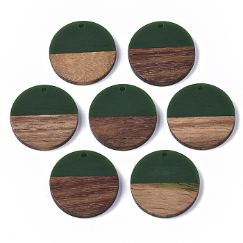 Resin & Wood Pendants, Flat Round, Green, 28.5x3.5~4mm, Hole: 1.5mm