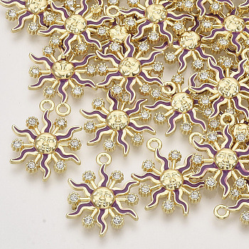 Alloy Enamel Pendants, with Crystal Rhinestone, Light Gold, Sun, Purple, 24x18.5x3mm, Hole: 2mm