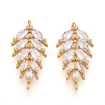 Brass Micro Pave Cubic Zirconia Pendants, Leaf Charms, Real 18K Gold Plated, Clear, 21x11x3mm, Hole: 1~1.2mm(KK-N261-95B-G)