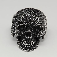 Personalized Retro Halloween Jewelry Sugar Skull Rings for Men, 304 Stainless Steel Wide Band Rings, For Mexico Holiday Day of the Dead, Antique Silver, 17~23mm(RJEW-F006-163)