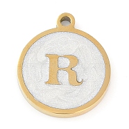 Ion Plating(IP) 201 Stainless Steel Pendants, with White Enamel, Real 18K Gold Plated, Flat Round with Letter, Letter R, 18.5x15.5x2mm, Hole: 1.6mm(STAS-K288-02G-R)