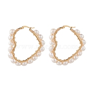 Natural Pearl Wire Wrapped Heart Big Hoop Earrings for Women, Golden, White, 46x44.5x6.5mm, Pin: 0.7mm(EJEW-JE04796-02)