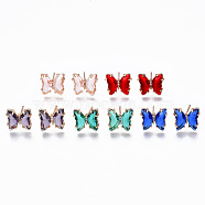Cubic Zirconia Butterfly Stud Earrings with Glass, Brass Jewelry for Women, Long-Lasting Plated, Light Gold, Mixed Color, 10x11.5mm, Pin: 0.7mm(KK-S365-003)