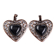 Natural Obsidian Peach Love Heart Pendants, Rack Plating Brass Hollow Heart Charms, Cadmium Free & Lead Free, Red Copper, 29.5x30.5x7.5mm, Hole: 7.5x5mm(G-G158-01-13)
