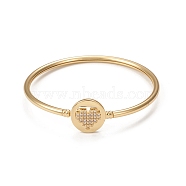 Rack Plating Brass Micro Pave Cubic Zirconia Bangles, Real 18K Gold Plated Flat Round with Heart Clasp Bangles, Long-Lasting Plated, Cadmium Free & Lead Free, Clear, Inner Diameter: 2-1/4 inch(5.6cm)(BJEW-E071-22G-02)