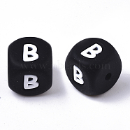 Food Grade Eco-Friendly Silicone Beads, Horizontal Hole, Chewing Beads For Teethers, DIY Nursing Necklaces Making, Cube, Black, Letter.B, 12x12x12mm, Hole: 2mm(X-SIL-T055-B)