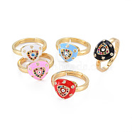 Adjustable Brass Micro Pave Colorful Cubic Zirconia Finger Rings, with Enamel, Nickel Free, Triangle with Evil Eye, Real 16K Gold Plated, Mixed Color, US Size 7(17.3mm)(RJEW-S044-164-NF)