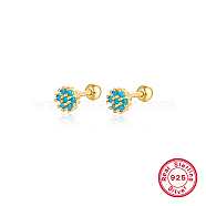 Real 18K Gold Plated 925 Sterling Silver Flower Stud Earrings, with Cubic Zirconia, Deep Sky Blue, 5mm(TL5591-6)