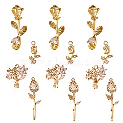12Pcs 4 Style Brass Micro Pave Cubic Zirconia Pendants, Real 18K Gold Plated, Flower, Clear, 16~31.5x8~14x2~9mm, Hole: 1~3mm, 3pcs/style(ZIRC-SZ0003-54)