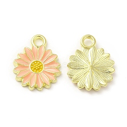 Alloy Enamel Charms, Light Gold, Sunflower Charm, Light Salmon, 17x13x2mm, Hole: 2mm(FIND-H035-01B-LG)