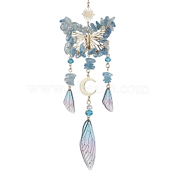 Natural Aquamarine and Resin Pendant Decorations, with Alloy Findings, Butterfly, Sky Blue, 275mm(HJEW-TA00134-01)
