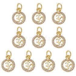 10Pcs Brass Micro Pave Clear Cubic Zirconia Charms, with Jump Rings, Long-Lasting Plated, Flat Round with Ohm/Aum, Golden, 11x9x1.5mm, Hole: 3.7mm(ZIRC-SZ0004-34)