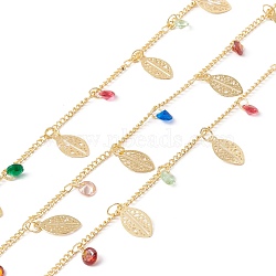 Handmade Cubic Zirconia Cone & Brass Leaf Charms Chain, with Curb Chains, Real 18K Gold Plated, Lead Free & Cadmium Free, Soldered, with Spool, Colorful, 2x2x0.5mm(CHC-E025-48G)