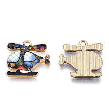 Printed Alloy Pendants, Cadmium Free & Nickel Free & Lead Free, Light Gold, Helicopter Charm, Black, 17.5x18.5x2mm, Hole: 1.8mm