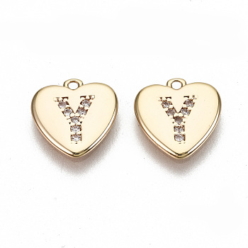 Brass Micro Pave Clear Cubic Zirconia Charms, Nickel Free, Real 18K Gold Plated, Flat Heart, Letter.Y, 10x10x1mm, Hole: 1mm