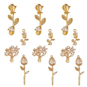 12Pcs 4 Style Brass Micro Pave Cubic Zirconia Pendants, Real 18K Gold Plated, Flower, Clear, 16~31.5x8~14x2~9mm, Hole: 1~3mm, 3pcs/style
