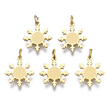 316 Surgical Stainless Steel Charms, with Jump Rings, Snowflake, Real 14K Gold Plated, 11x10x1mm, Hole: 2mm, Jump Ring: 3.5x1mm, 2mm inner diameter